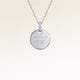 Personalised round silver necklace with white zirconia and engraved date and initial – room for text, coordinates or handwriting on the back