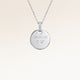 Personalised round silver necklace with white zirconia and engraved date and initial – room for text, coordinates or handwriting on the back