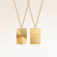 Personalized square gold necklace with ribbed sunburst pattern and space for engraving of text, coordinates or handwriting on the back