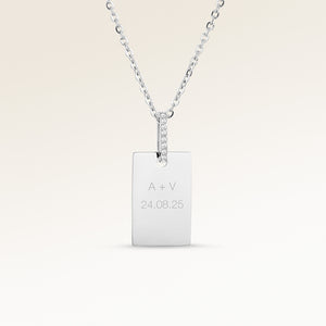 Personalized square silver necklace with white zircons and space for engraving of text, coordinates or handwriting on the front and back
