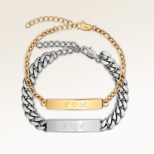Bracelets de couple avec barre 5 mm pour elle et 8 mm pour lui en or et argent avec gravure personnalisée, par Mon Chou
