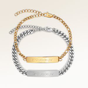 Bracelets de couple, paire de deux bracelets barre en or et argent avec gravure personnalisée, par Mon Chou