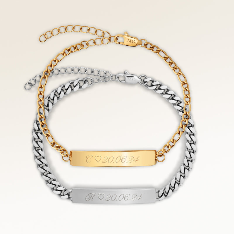 Bracelets de couple, paire de deux bracelets barre en or et argent avec gravure personnalisée, par Mon Chou