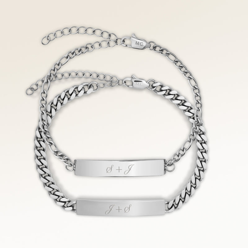 Bracelets de couple, paire de deux bracelets barre en argent avec gravure personnalisée, par Mon Chou