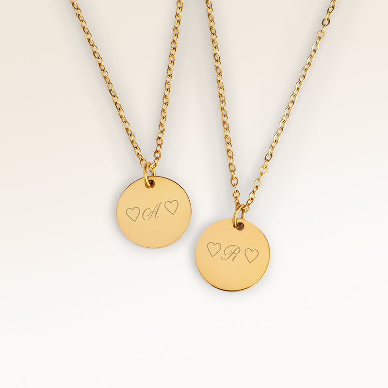 Friendship necklaces, pair of two round necklaces in gold with personalized engraving, from Mon Chou