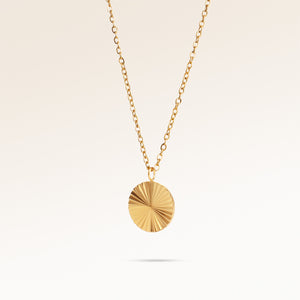 Round gold necklace with ribbed sunburst pattern side view, space for engraving on back